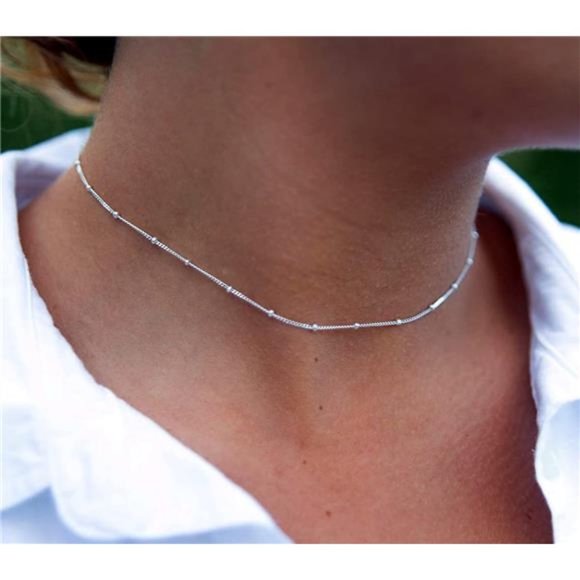 Satellite Chain Choker Necklace 14K Silver Plated with Blue Beads - Picture 1 of 7